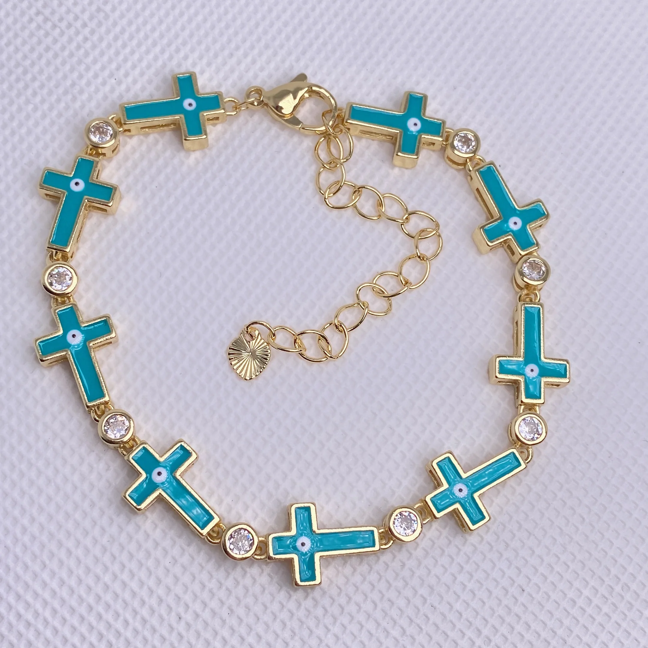 Greek Evil Eye Cross Shape Charms Copper Zircon Enamel Colorful Chain Bracelets For Women Gold Plated