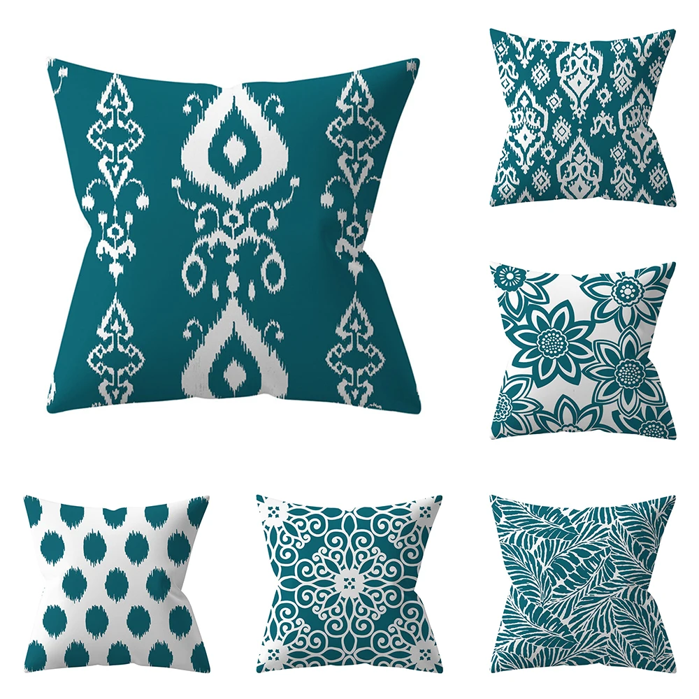 

45x45cm Blue Green Flower Leaf Stripe Print Pillow Cover Sofa Cushion Home Decoration Throw