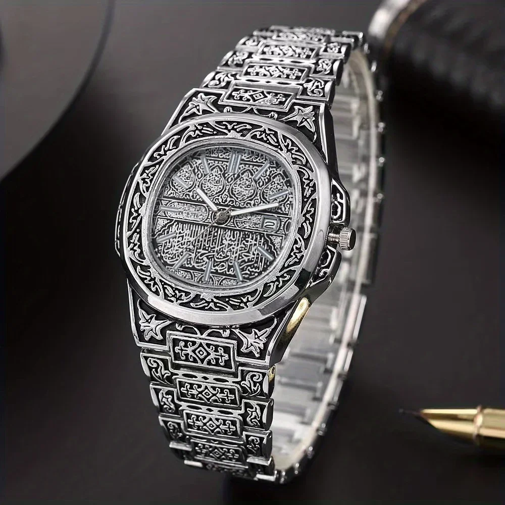 Retro Bronze Embossed Men's Steel Band Watch Fashion Trend High-end Calendar Business Men's Watch