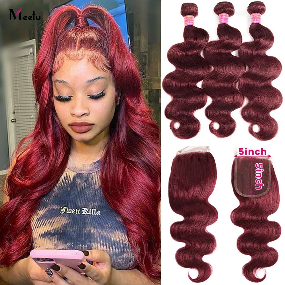 

99j Burgundy Bundles With Closure Colored Human Hair Bundles With Closure 5x5 Inch Body Wave Bundles With Closure Pre Plucked