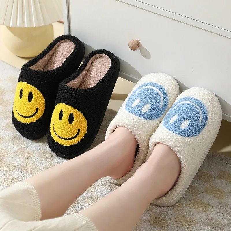 Fashion Couple Winter Toe Wrap Warm Smile Print Slippers Thick Soft Sole Slides Men Women Indoor Floor Flat Home Non-slip Shoes