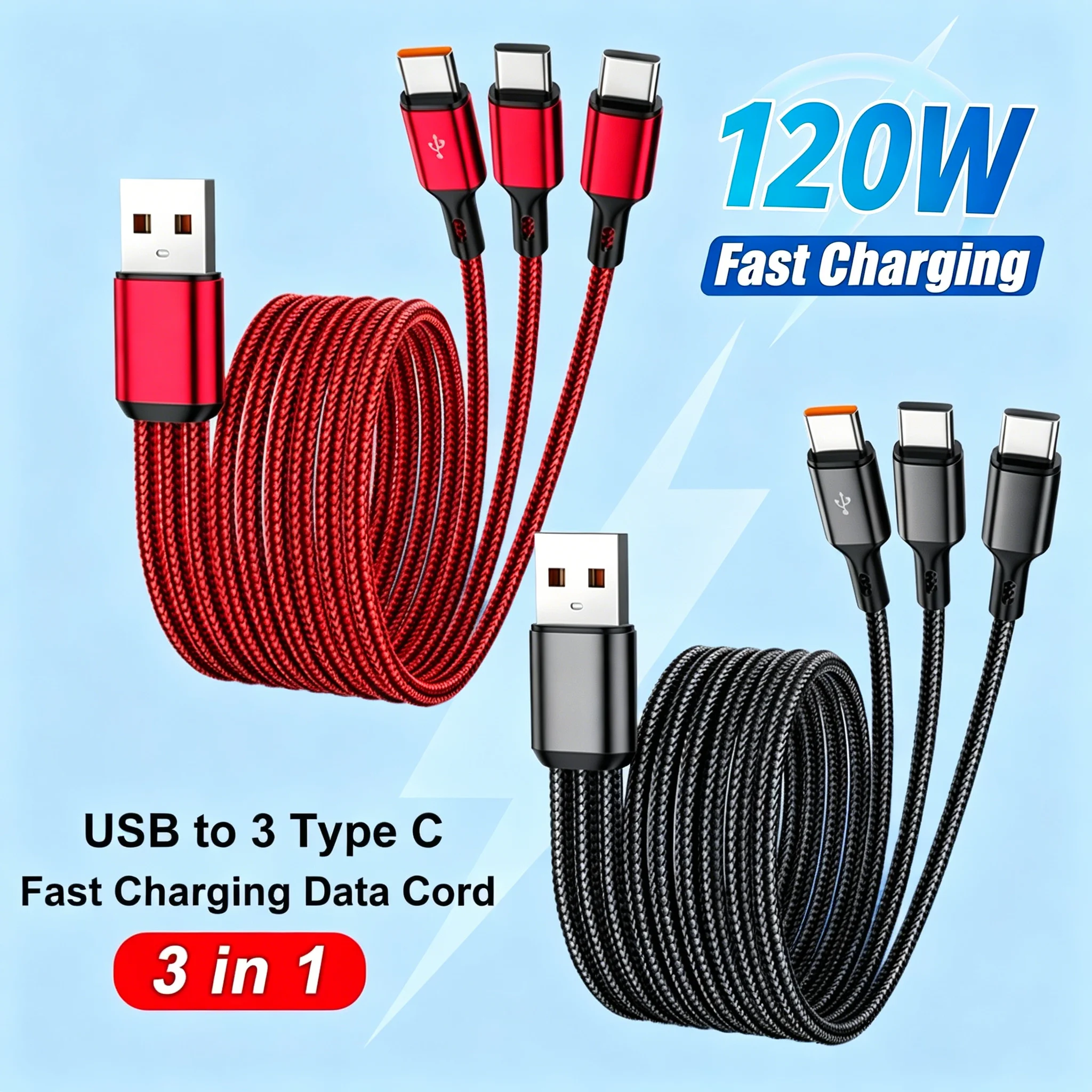 3 in 1 타입-C 멀티 충전 데이터 케이블 100W 6A 고속 충전 USB-A 케..