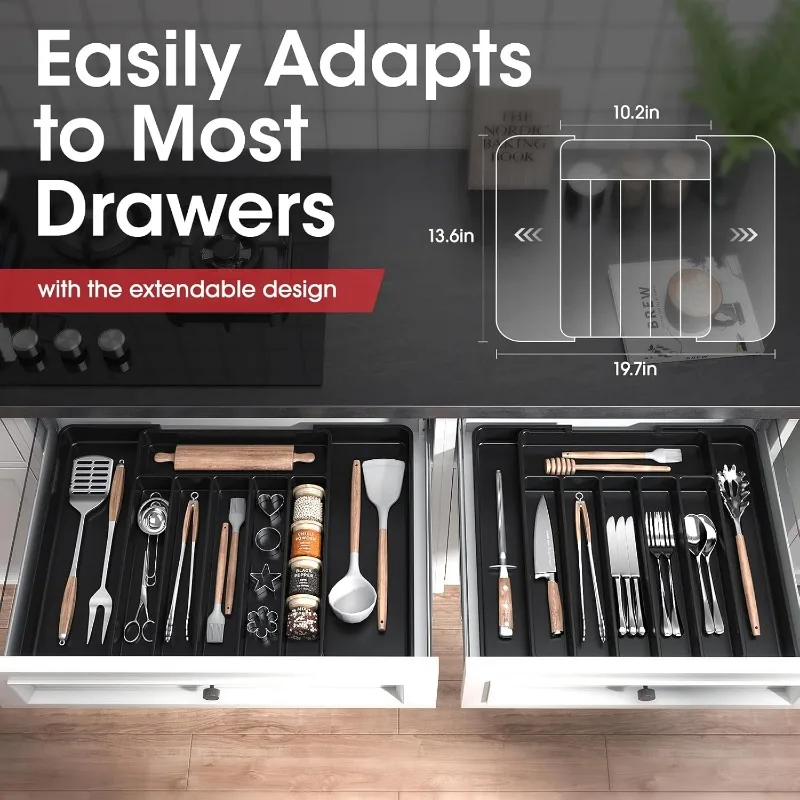 Silverware Organizer Flatware Organizer Cutlery Organizer Kitchen Tray Storage Tray Bamboo Organizer Tray Adjustable Pantry Organizer Utensil Cutlery Drawer for Forks Knives Silverware