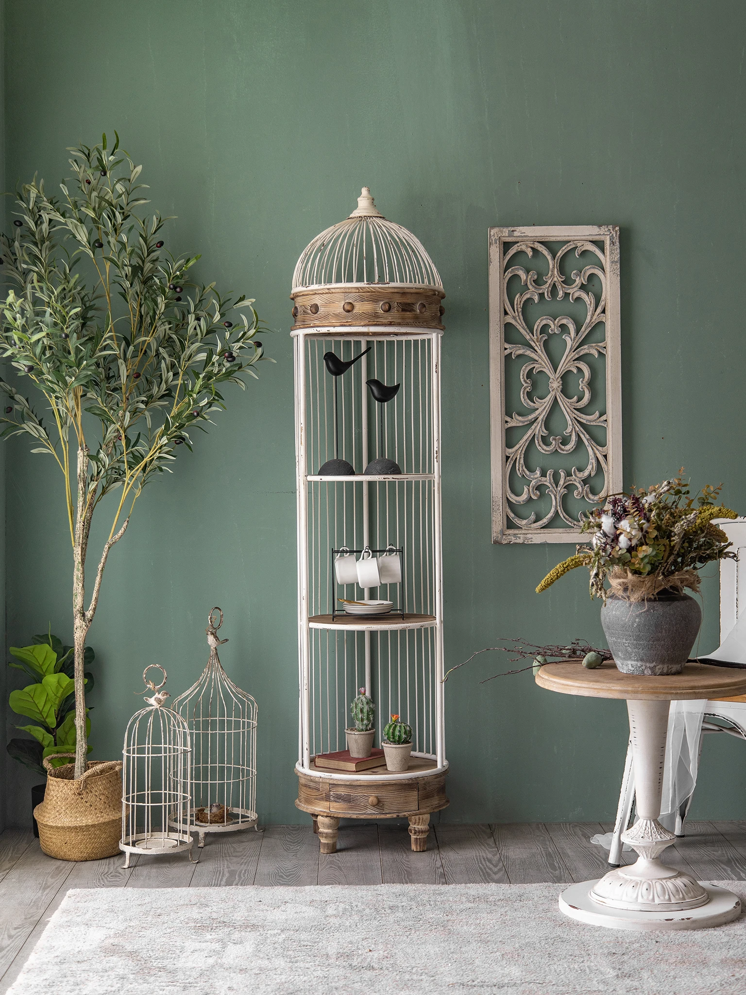 

Floor-to-wall living room racks retro multi-layer storage cabinets creative wrought iron solid wood cabinets
