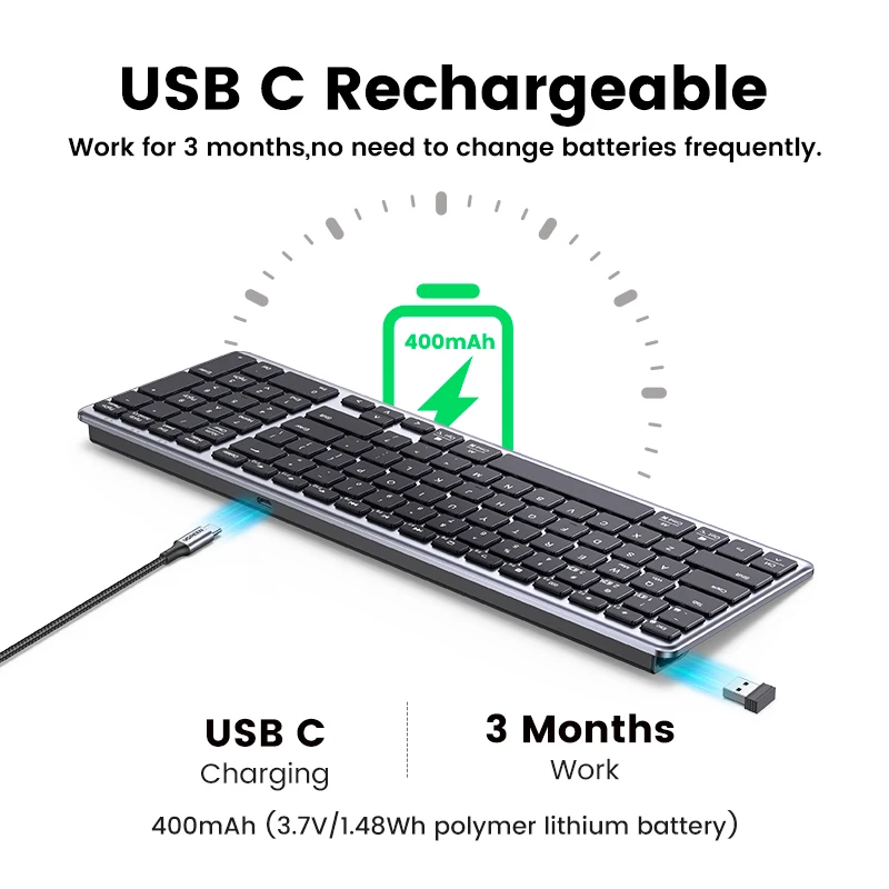 Ugreen Teclado sem Fio Bluetooth 5.0 2.4g Russo Coreano en 99 Teclados para Macbook Ipad pc Tablet Usb c Teclado Recarregável - Imagem 3