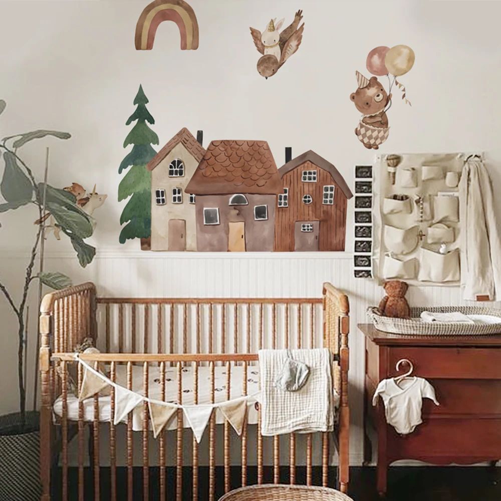 작은 마을 벽 데칼 동물 비닐 북유럽 스타일 벽 스티커 유치원 침실 키즈 룸 홈 아트 장식을위한 껍질과 스틱