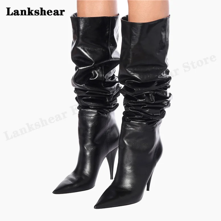 Spring and Autumn Pointed Wine Red Pleated Over-The-Knee Boots Women's Suede High-Heeled Boots Sexy Catwalk Shoes Large Size