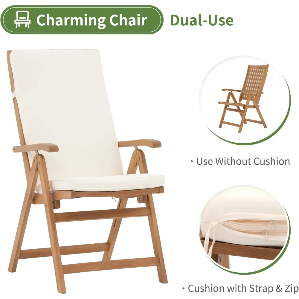 Folding Patio Dining Chair Set of 2, Outdoor Acacia Wooden Reclining Chair w/Armrest & Removeable Cushion, FSC Certified Wood 5