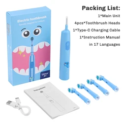 Kids' Sonic Electric Toothbrush with 4 Soft Brush Heads and Fun Cartoon Design (Blue)