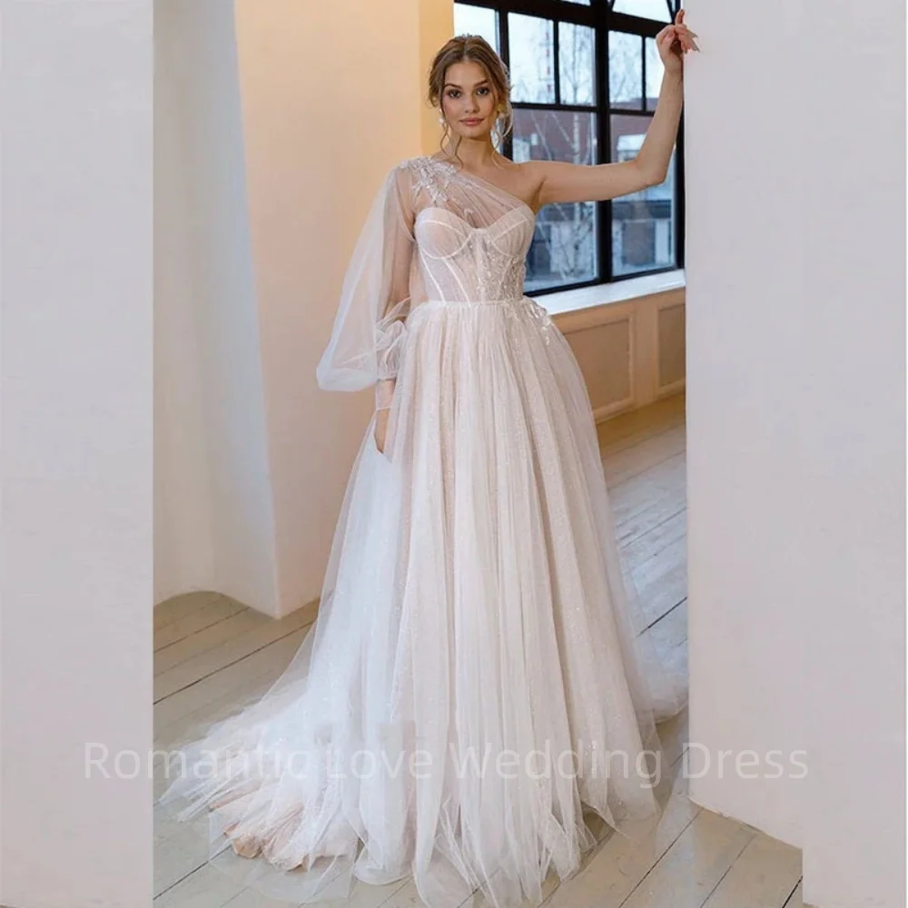 

Shiny One Shoulder Beach Wedding Dresses A Line sexy Lace Up Long Sleeves Corset Boho Bride Gown Robe Vestidos De Novia