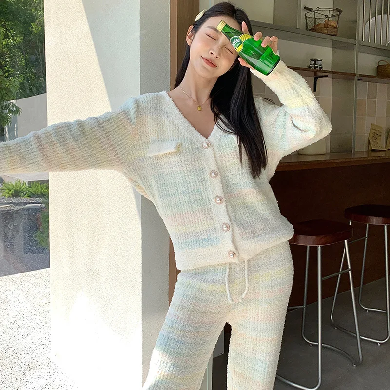 Pajamas for women in autumn and winter, soft and sweet temperament, socialite with a small fragrant style cardigan, thickened an