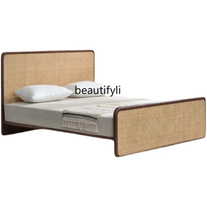 

Nordic Solid Wood Bed Hotel Apartment Bed & Breakfast Furniture Japanese Rattan Bed 1.8 M Double High-End Affordable Luxury