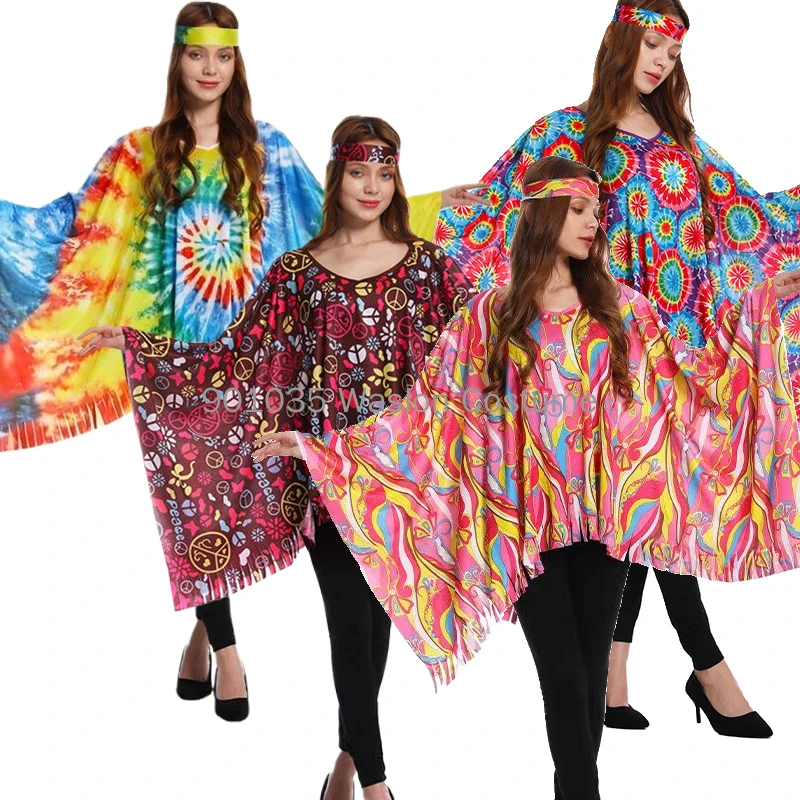 Halloween Hippie Costume Cosplay 60S 70S Hippie Cape Stage Wear Cosplay Per Uomo Donna Party Performance Puntelli