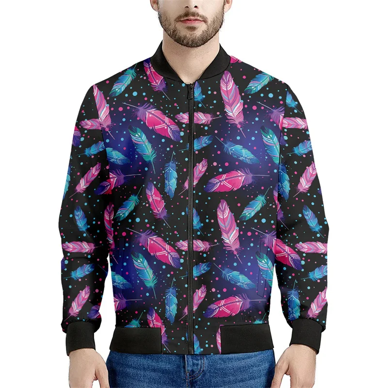 thumbnail image 1 of Chaquetas con estampado de plumas bohemias para hombre, sudadera de manga larga con estampado 3D retro, chaqueta bomber de calle de gran tamaño con cremallera, 1 of 5