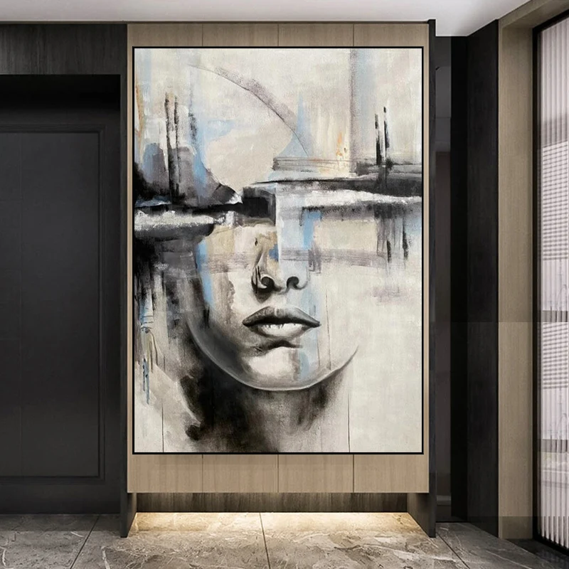 NordicAbstractWomenFaceCanvasPaintingBuildingLandscapeWallArt