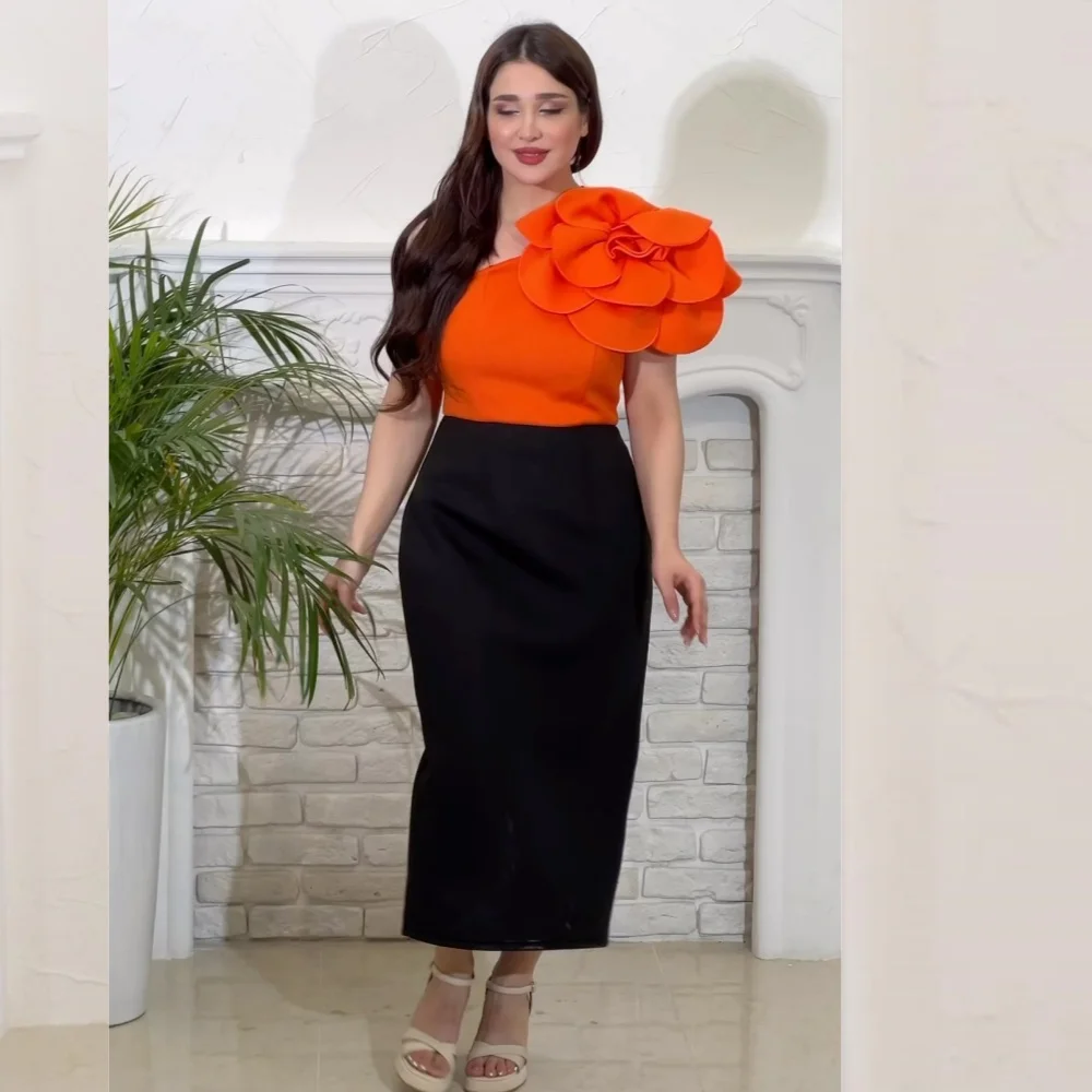 Evening  Sexy Casual  Jersey Flower Ruched Clubbing A-line One-shoulder Bespoke Occasion Gown Midi Dresses