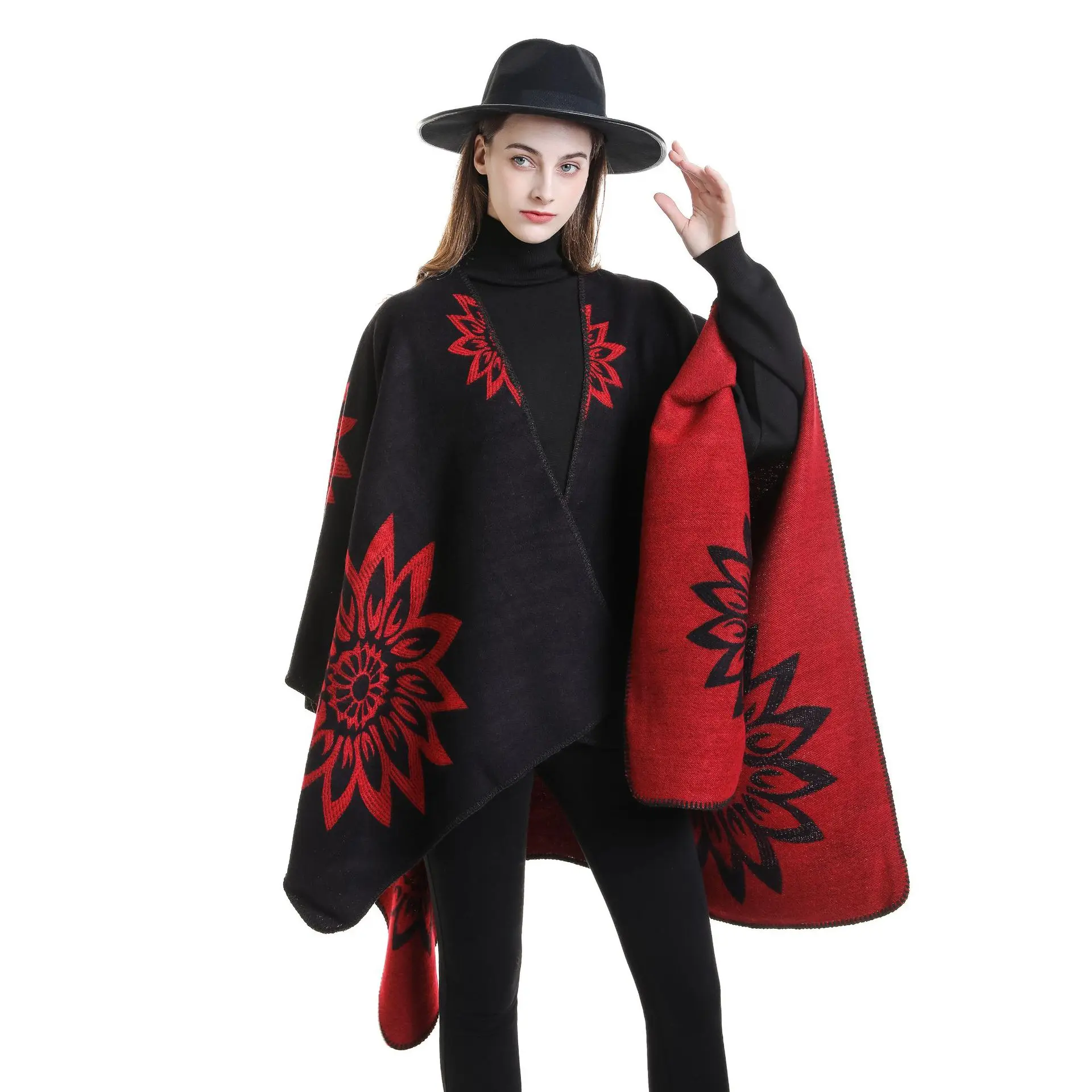 Women Cashmere Feel Shawl Lady Double-sided Winter Cape Spring Autumn Retro Cardigan Sunflowers Cloak Soft Large Blanket New in women spring autumn shawl lady knitted tassels cardigan loose fall winter wrap solid color woolen yarn scarf wholesale fpwp19