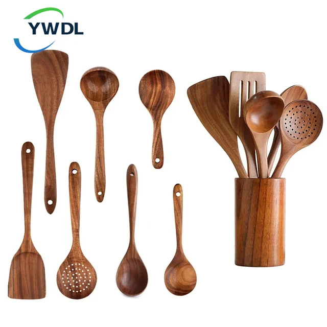 9 PCS Wooden Spoons For Cooking, Wooden Utensils For Cooking With Utensils  Holder, Teak Wooden Kitchen Utensils Set - AliExpress