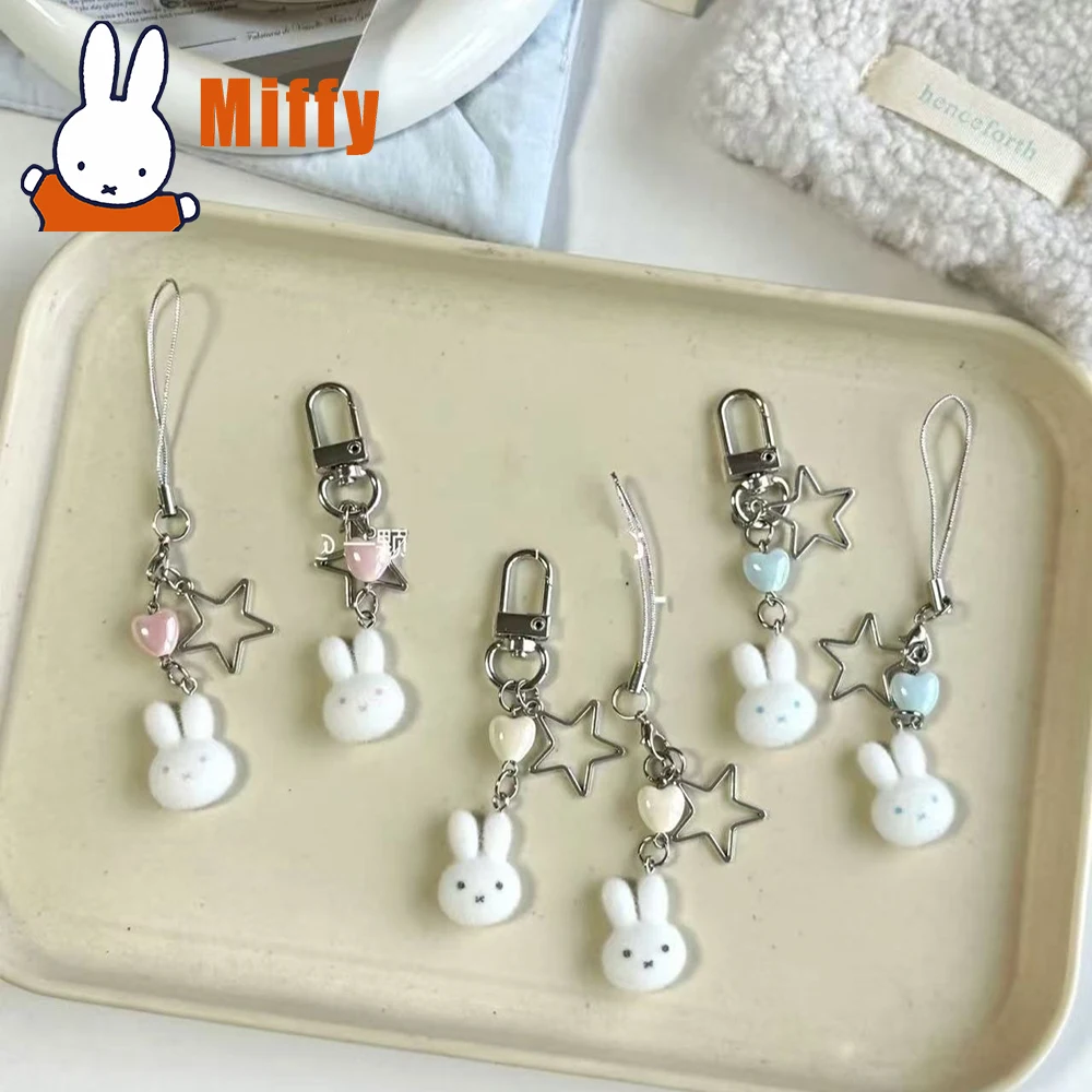 Kawaii Miffy Plüsch Handyband Schlüsselanhänger Niedliches Kaninchen Beflockter Schlüsselanhänger Riemen Ästhetisches Herz Stern Weiche Tasche Dekor Anhänger Mädchen Geschenk