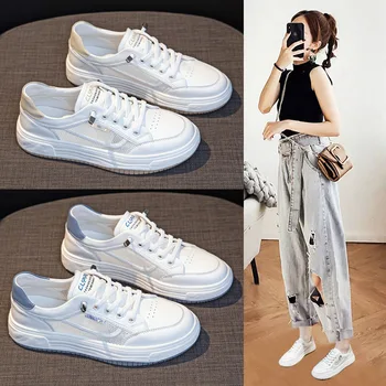 White Leather Mesh Platform Sneakers For Women 2026 Summer New Two Tone Back Collar Slip On Lazy Design Breathable Hollow