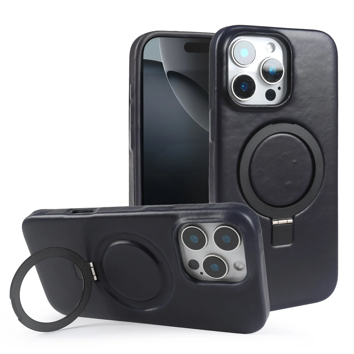 Premium Genuine Leather Stand Case with Magnetic Holder - Full Coverage Phone Cover