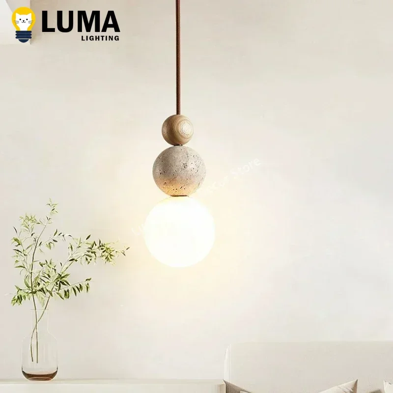 Luma Cream Style Yellow Travertine Pendant Lights, Nature Stone Wood Hanging Lamps for Bedroom Bedside Restaurant Kitchen Island 2