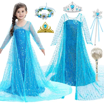 Kid Elsa Cosplay Princess Dress Girl Snow Queen Long Sleeve Blue Sequin Mesh Gown Children Birthday Carnival Party Costume Cloak 1