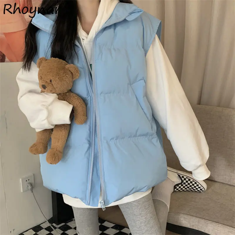 

Sleeveless Vests Women Minimalist Pure Preppy Stylish Winter Waistcoat Korean Fashion Baggy Unisex All-match Warm Zip-Up Clothes