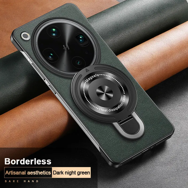 Magnetic Wireless Charging Shockproof Leather Case with Holder - Frameless Hard Shell