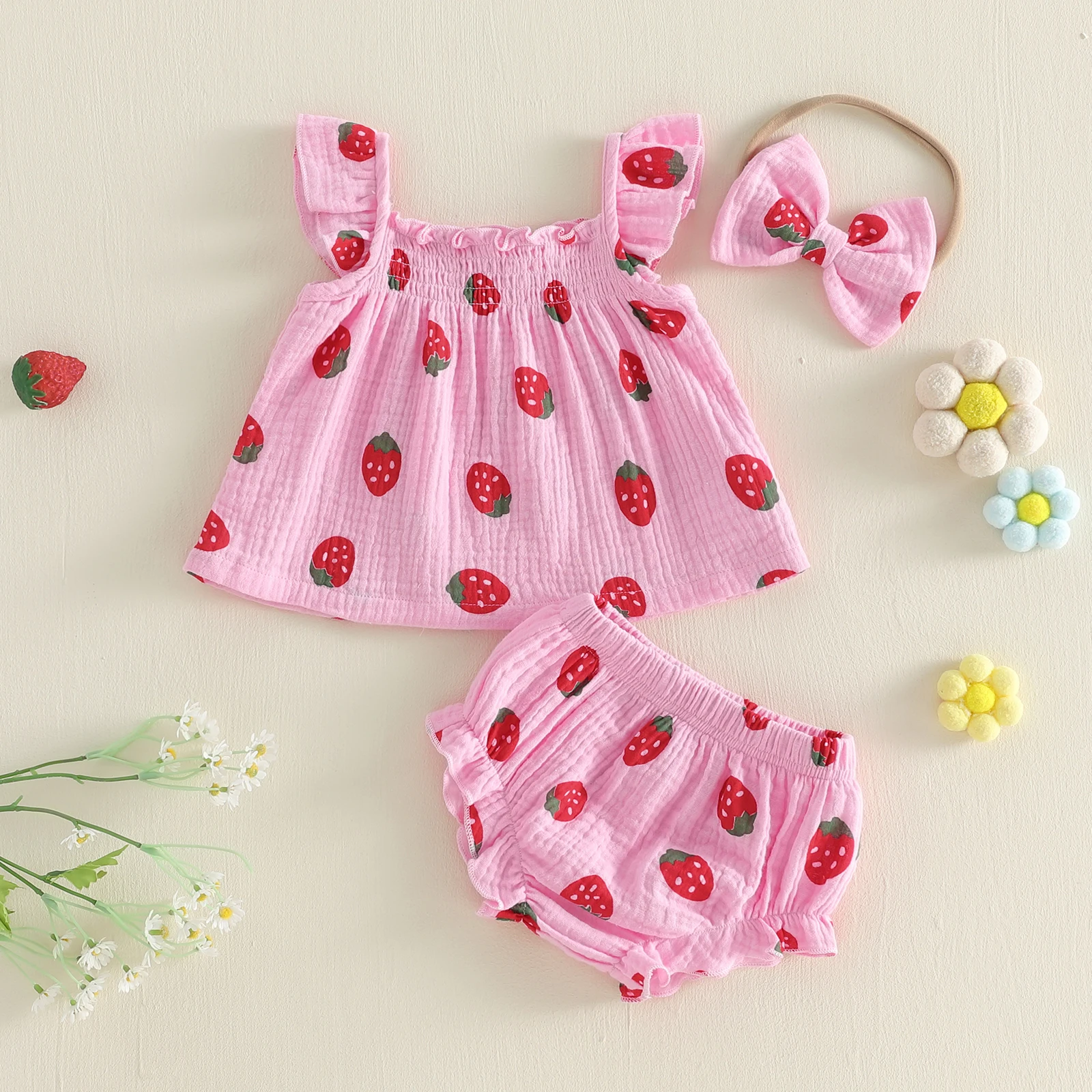 Citgeett 여름   소녀 딸기 복장 플라잉 슬리브 탑 프릴 반바지 보우 머리띠 귀여운 옷