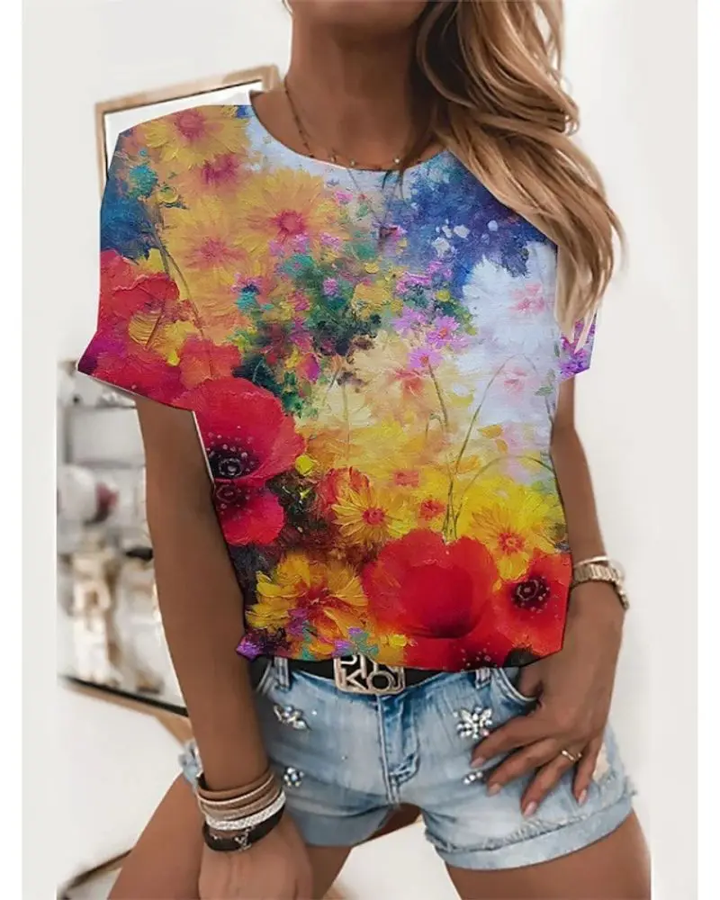 

Plus Size Women's T-Shirt Fashionable Flower Short Sleeved T-Shirt Loose Casual Clothing Street O-Neck Summer T-Shirt Top Me15
