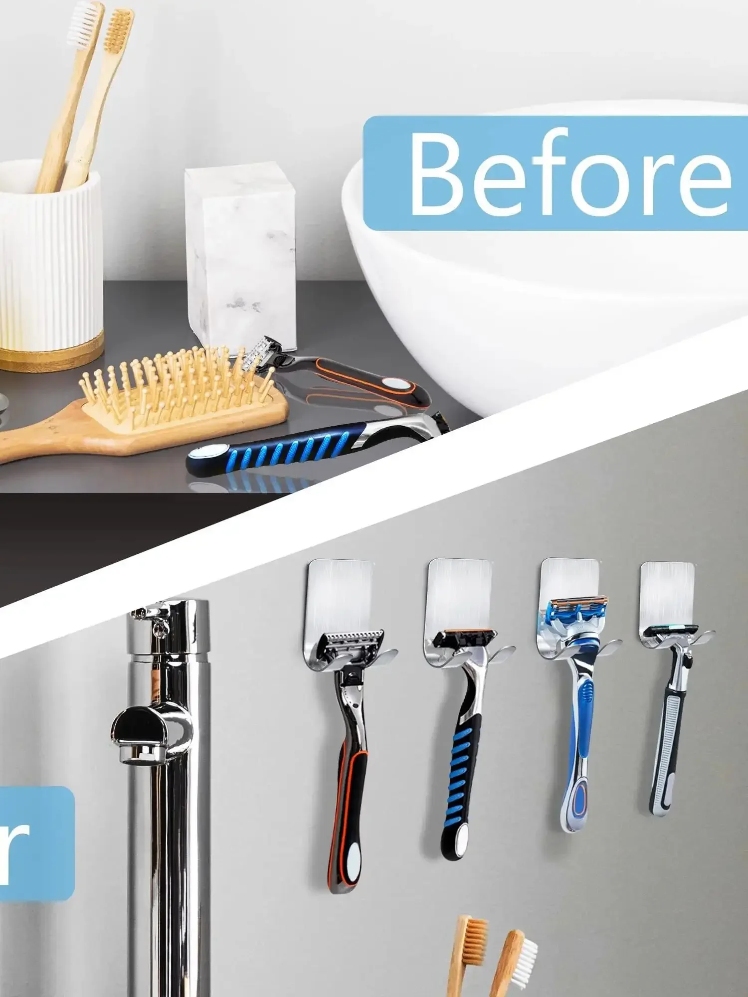 Steel Men Shaving Shaver 304 Stainless 2pcs Razor Holder  Razor Stand Shelf Shaving Razor Storage Rack Bathroom Hook Organizer