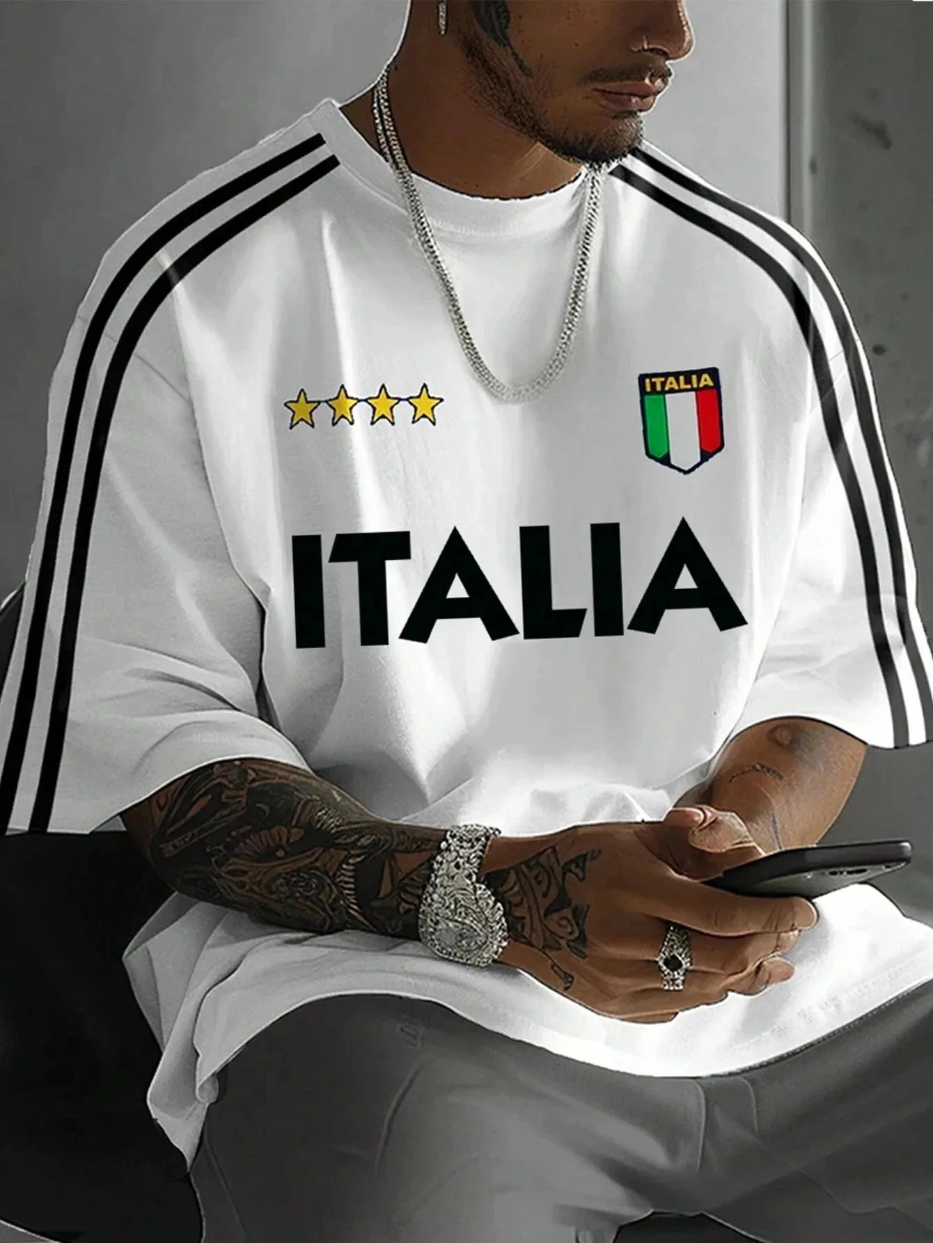 Mens Casual 3D Letter I-ITALLA Print T-Shirt Man Short Sleeve Sportwear Football T-Shirt Vintage Oversize Striped Tees Clothes