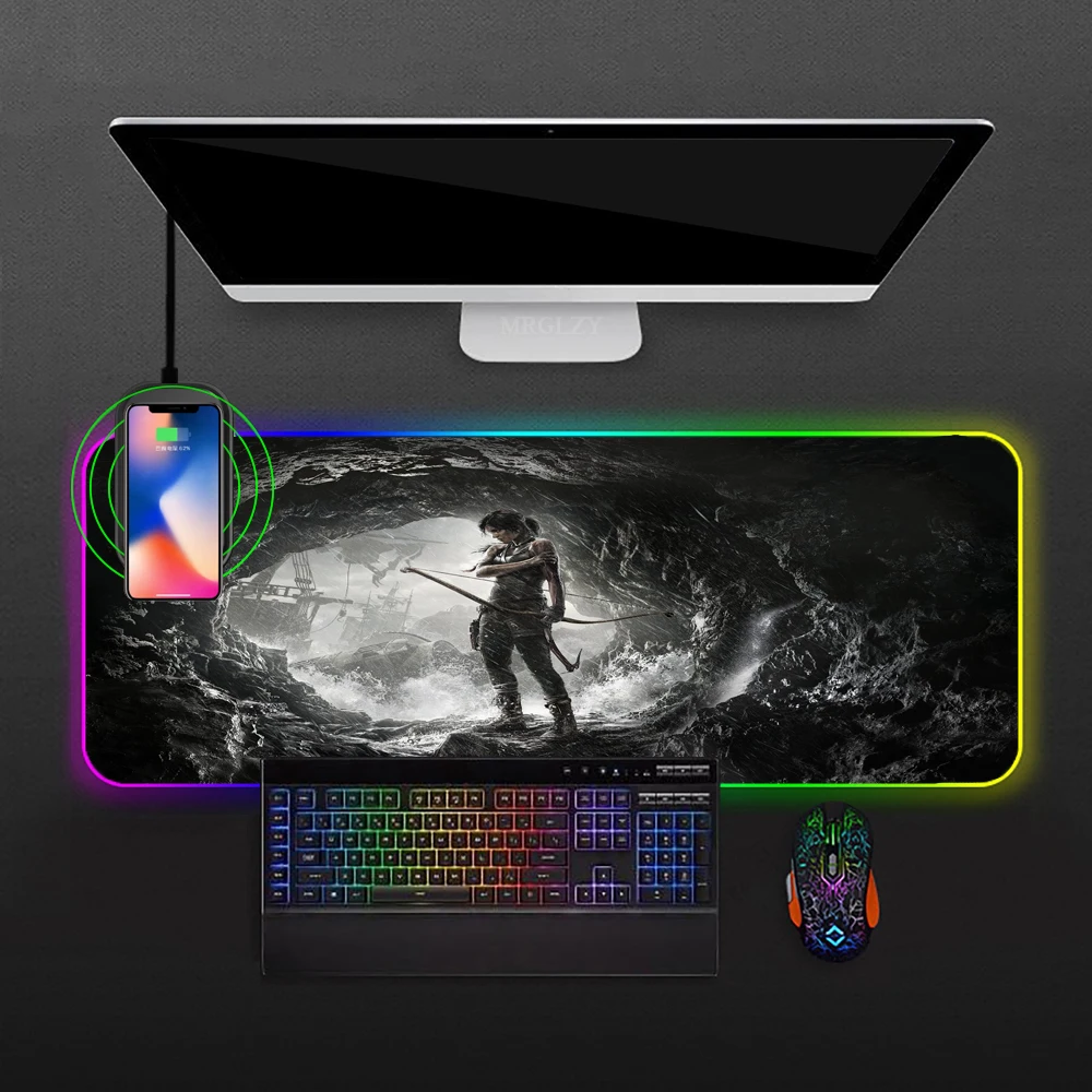 

Lara Croft RGB Wireless Charging Mousepad Pc Accessories Mouse Mats Desk Mat CarpetTomb Raider Gamer Girl Keyboards Gaming