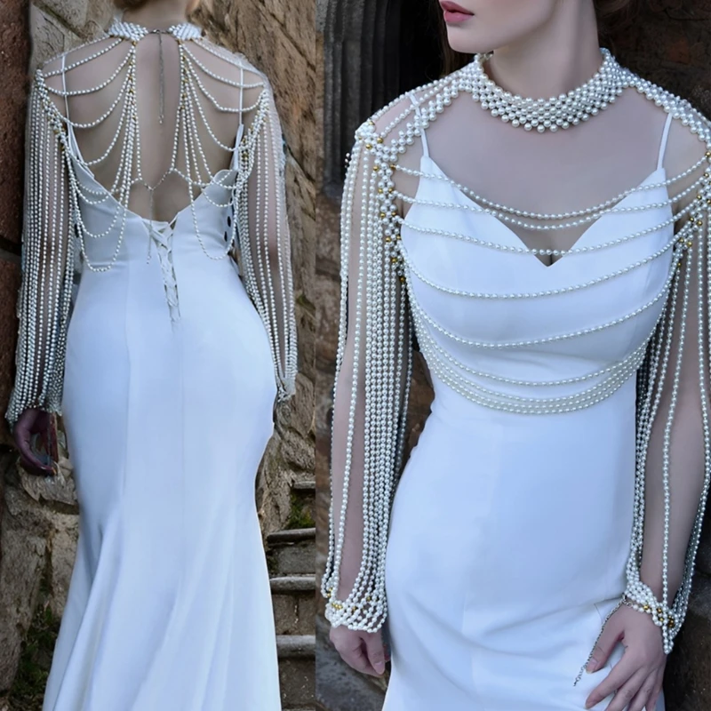 

Hand Beading Pearls Body Chain Necklace Elegant Tassels Collar Jewelry for Wedding Photo Stage Shows Dropship