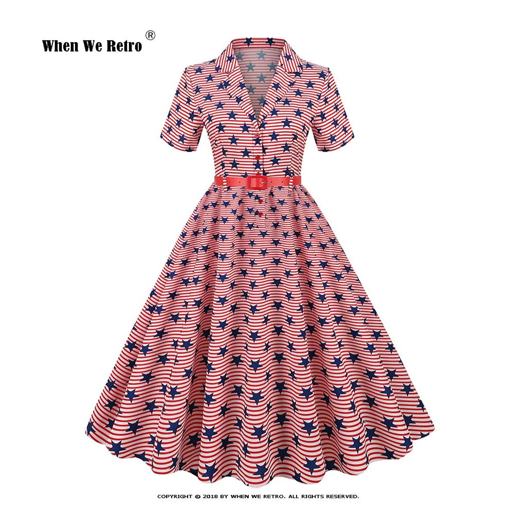 

Hot American Flag Print Midi Dress Notched Collar Short Sleeve Button Up Summer Dress Knee Length Belted Retro Dress VD3192