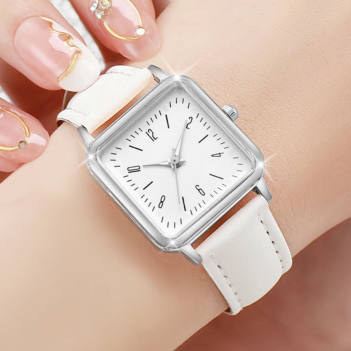 2PCS/Set Women's Fashion Watch Simple Square Dial Leather Watch 2
