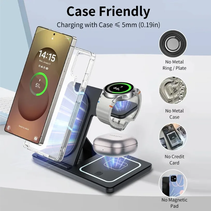 Foldable 3 in 1 LED Light Wireless Charger Stand For Samsung S24 S23 Galaxy Watch 2-8 Active 1 2 Buds Pro Fast Charging Station