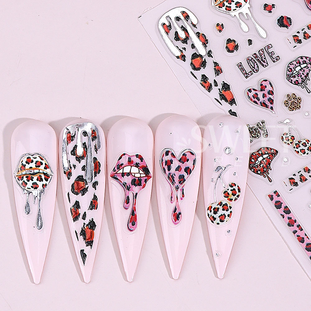 5D Love Heart Lips Nail Art Stickers Self-Adhesive Leopard Print Nail Decals Valentine's Day Manicure Decorations Nail Supplies