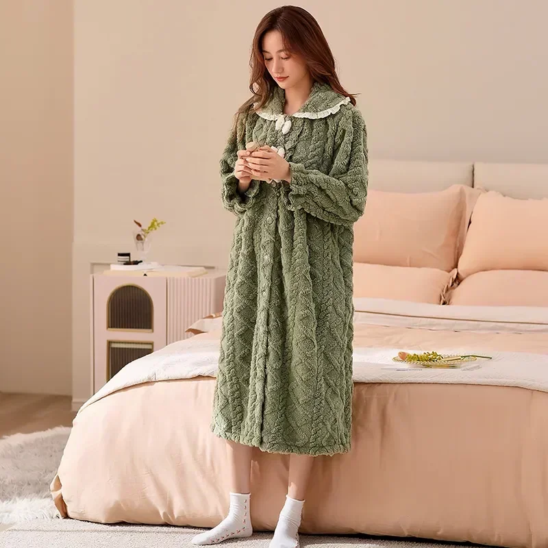 

Nightdress Dress Warm Home Keep Indoor Sleepshirts Sleepwear Nightgowns Fleece Autumn Long Bow Winter Women Coral Clothes Robes