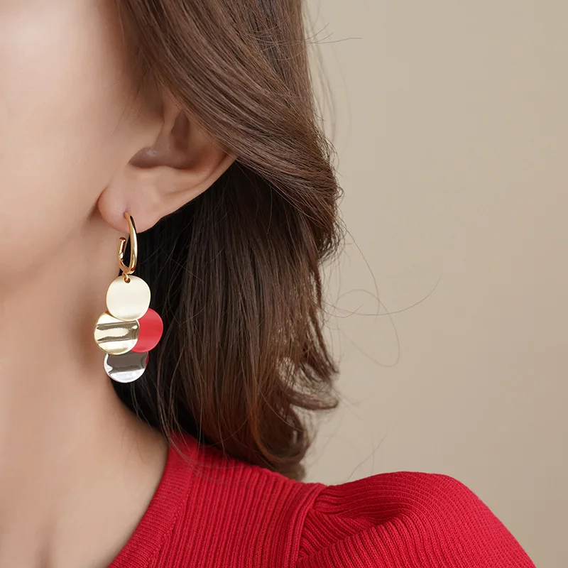 Fashion Tri-color Small Round Piece Pendant Earrings for Women Korean Version of The Elegant Long Tassel Earrings Party Jewelry