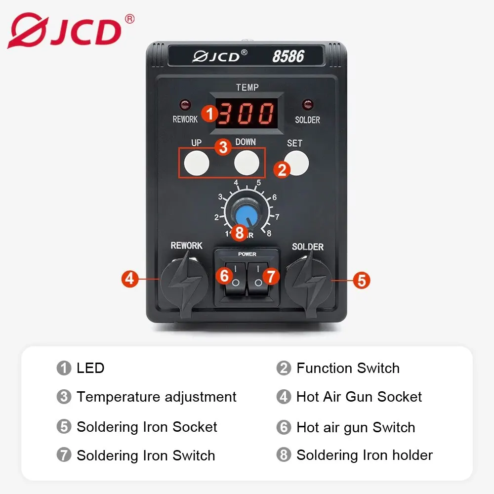 JCD 8586 Soldering Station 2 In 1 Digital ESD Hot Air Blower Heat Gun Welding Solder Iron SMD Desoldering Rework Station Tools 2