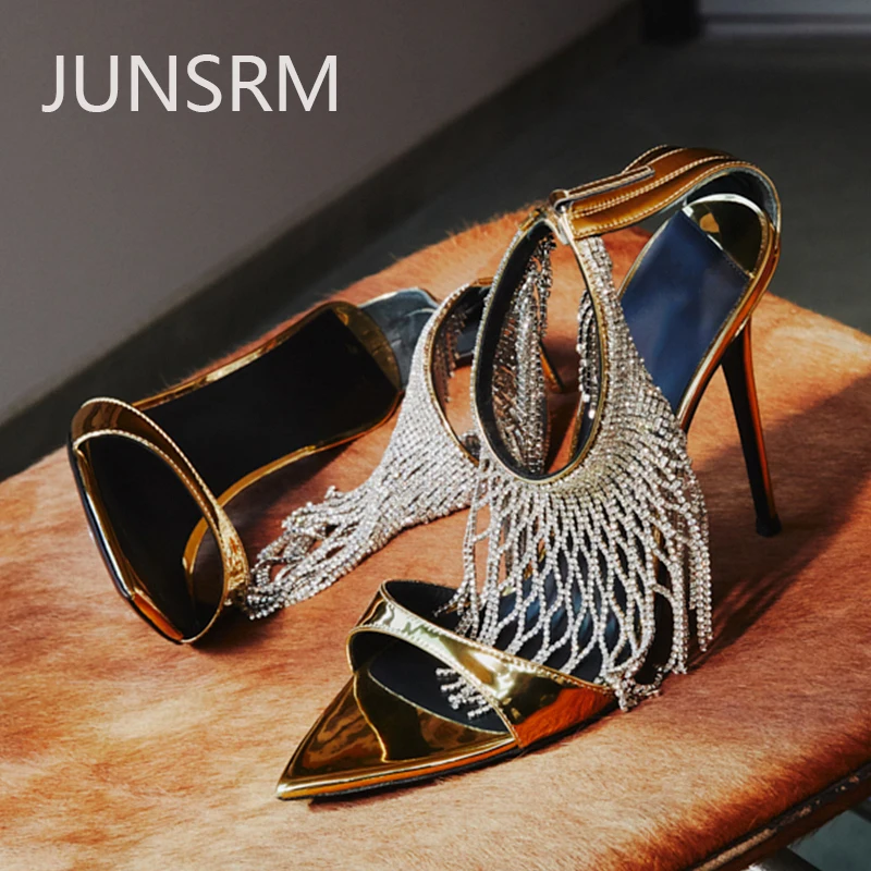

2023 Summer New Pointed Toe Tassel Rhinestone Chain High Heels Sexy Open Toe Banquet Roman Sandals Female Back Zipper Party Shoe