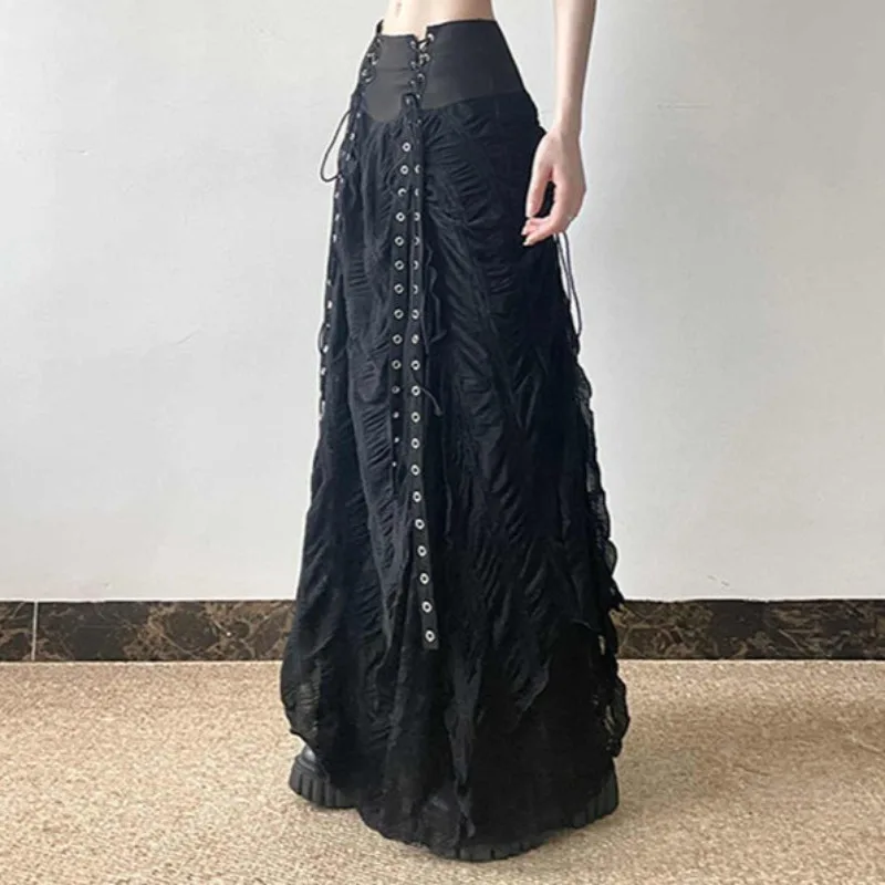 Matakawa Y2k Clothes Black Skirts Women Solid Spring Autumn A-line Vintage Jupe Femme Gothic Japanese Style Bandage Long Skirt