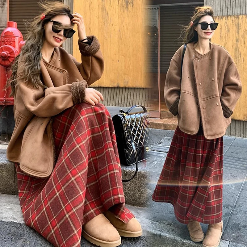 Autumn Winter Maternity Long Loose Plaid Maxi Skirt High Waist Pregnant Woman Woolen Pleated Skirt Large Hem Umbrella 95cm