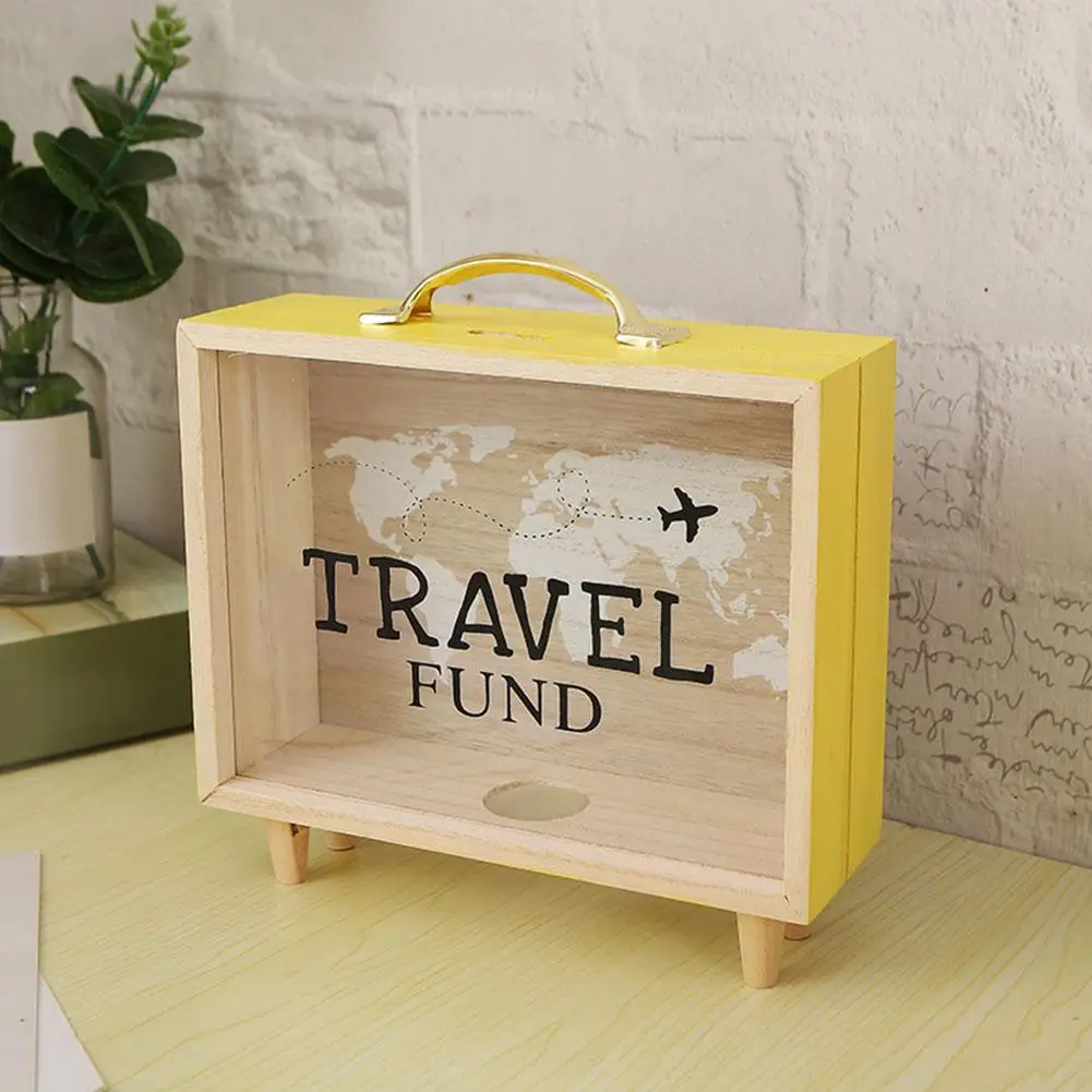 Money Saving Jar Travel Fund Piggy Bank Wooden Suitcase Bank Counting Money Jar Funny Desktop Decor For Housewar Q1s9