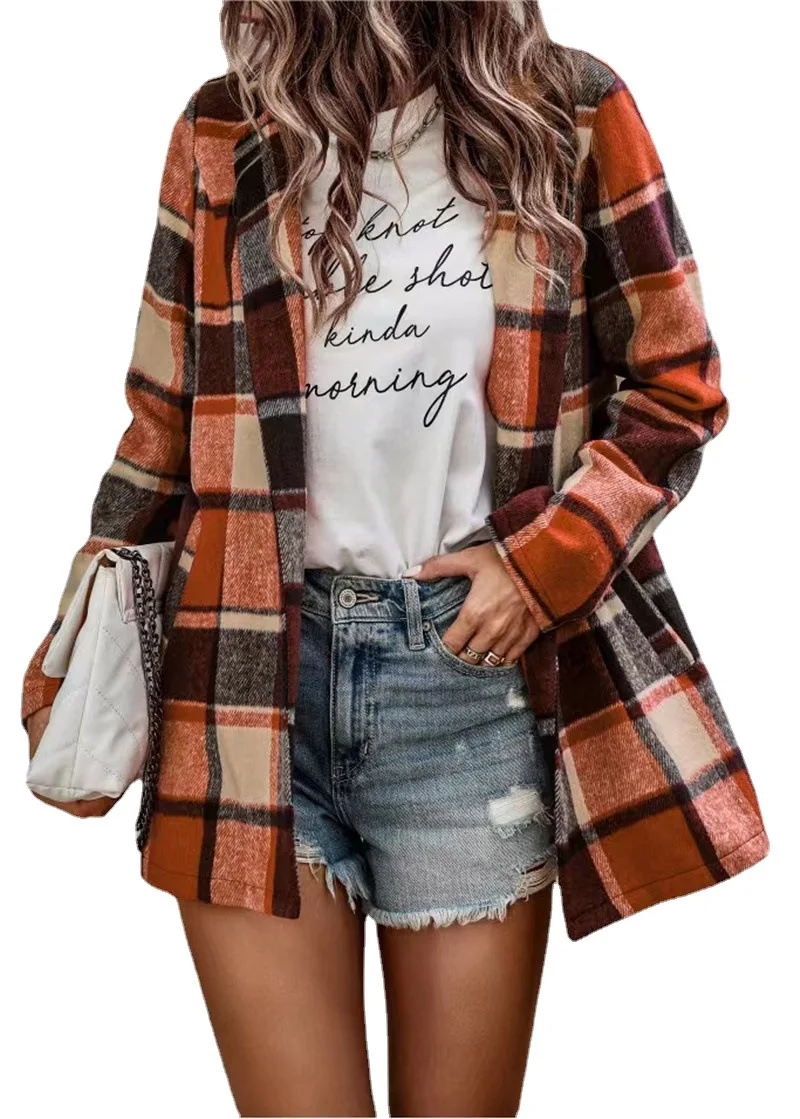 Autumn/Winter 2023 Women's Loose Plaid Print Long Sleeve Pocket Woolen Coat Cardigan Top Female Lady Casual Jackets