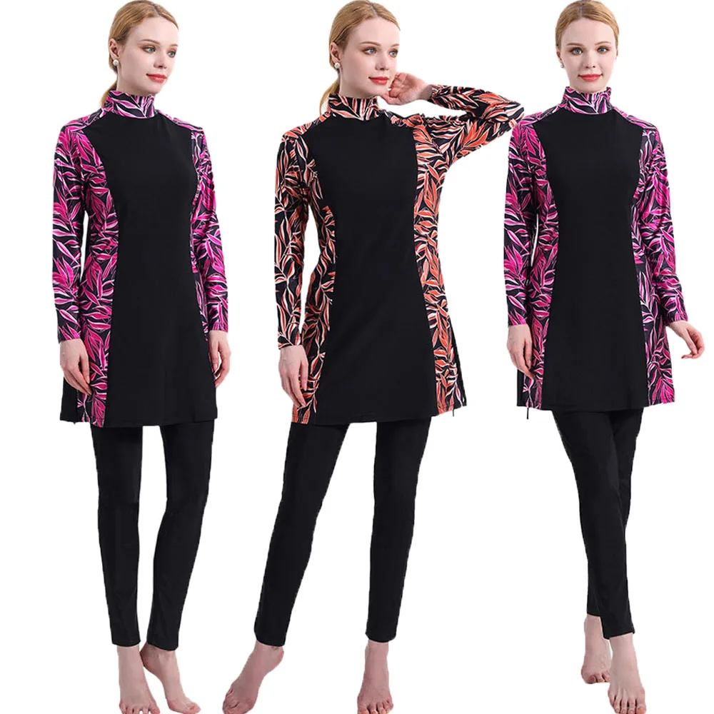 3 Pezzi Donne Musulmane Stampa Floreale Costumi Da Bagno Copertura Completa Bagno Islamico Manica Lunga Nuoto Modesto Burkinis Costumi Da Bagno