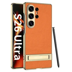 Luxury Electroplated Leather Ultra - Thin Phone Case with Stand and Pen Holder - Galaxy S26 Ultra (Orange)