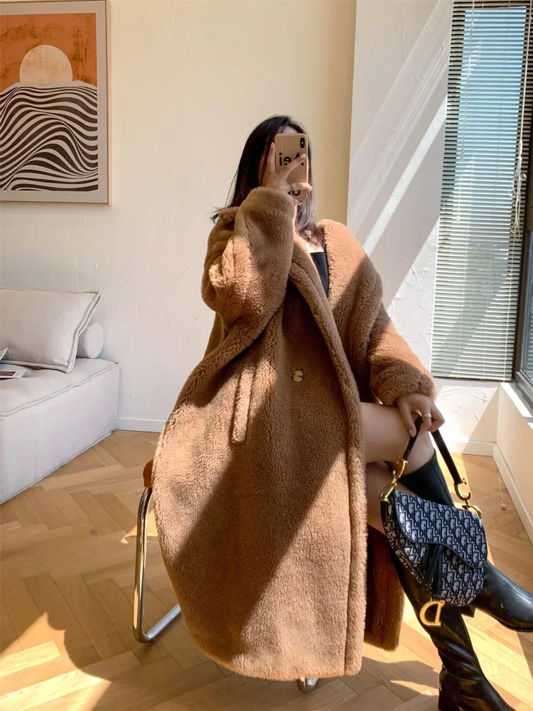 

Camel Teddy Bear Coat Midi Teddy Alpaca Silhouette Fur Coat for Women